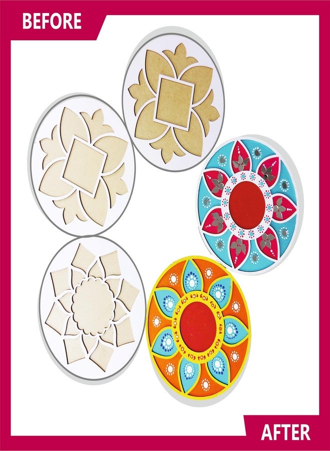 LIGHTHOUSE Artful Diwali Rangoli Stencils Decoration Kit | with Diyas, Lantern Cutouts, Wooden Rangoli Base, Colours, Sequences, Round Brush, Corporate Gifting for Diwali - Image 4